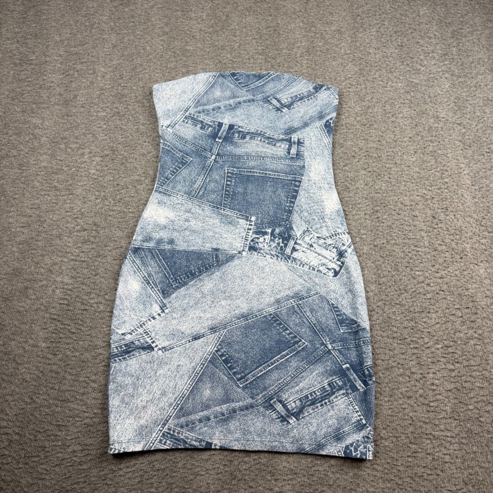 H&M Divided Strapless Mini Dress Womens XS Blue Denim Patchwork Print Tube Dress